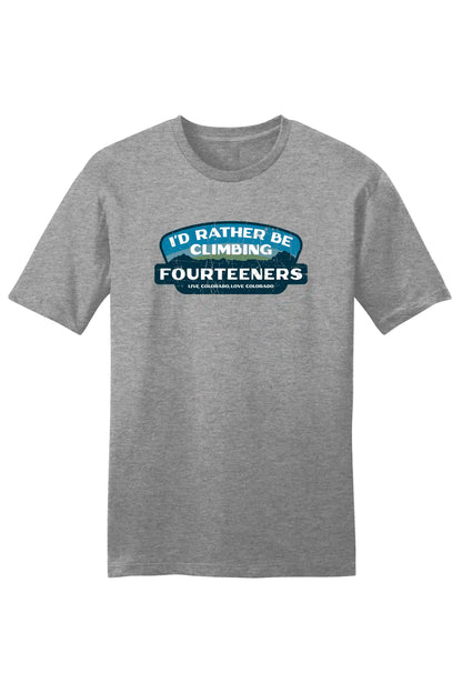 I'd rather be climbing 14ers retro distressed design on a grey tee