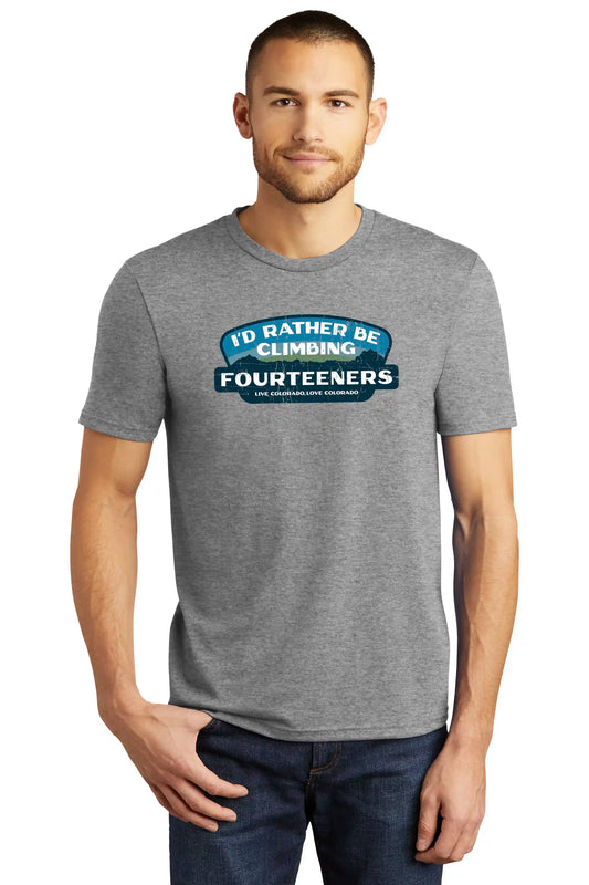 I'd rather be climbing 14ers retro distressed design on a grey tee
