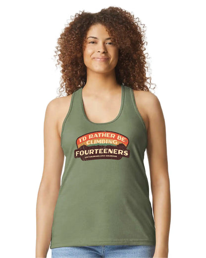I'd rather be climbing 14ers retro distressed design on green racerback tank top for women