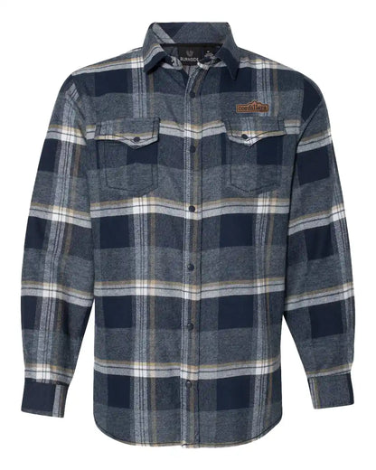 blue mens and unisex flannel for winter and chilly weather outside with leather patch