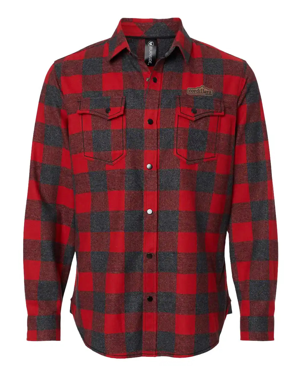 Red and black mens and unisex flannel for winter and chilly weather outside with leather patch