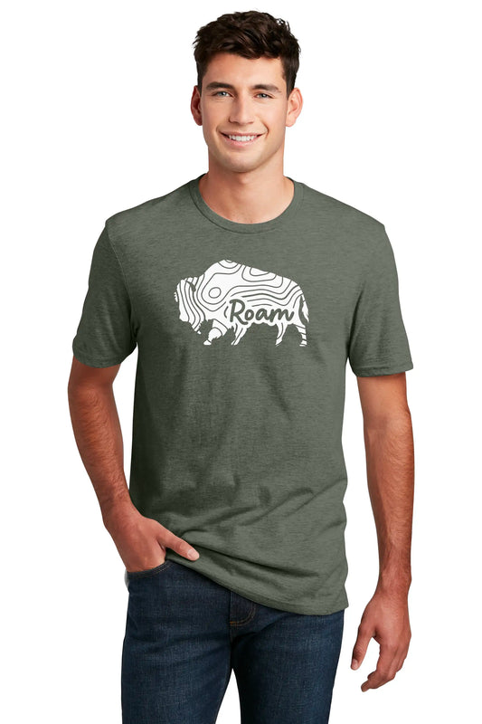 Bison Buffalo Topographic Unisex Mens Premium Tee Heathered Olive Color For Adventure
