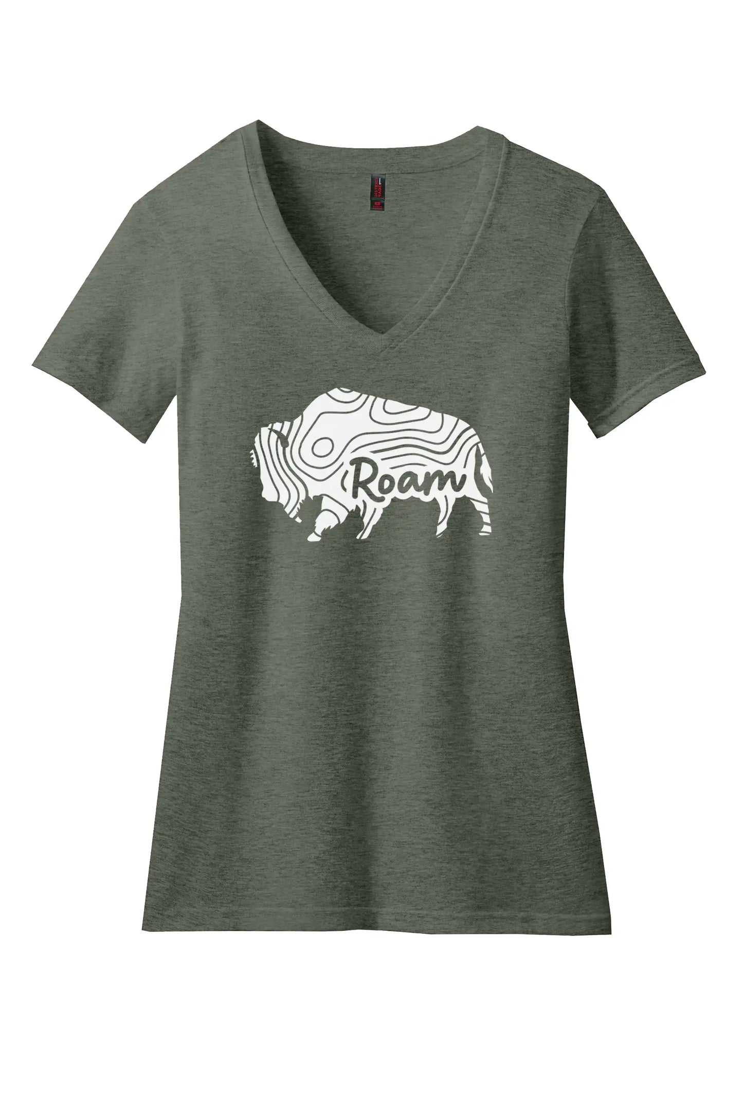 Bison Buffalo Topographic Womens Premium V-Neck Tee Heathered Olive Color For Adventure