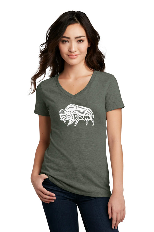 Bison Buffalo Topographic Womens Premium V-Neck Tee Heathered Olive Color For Adventure