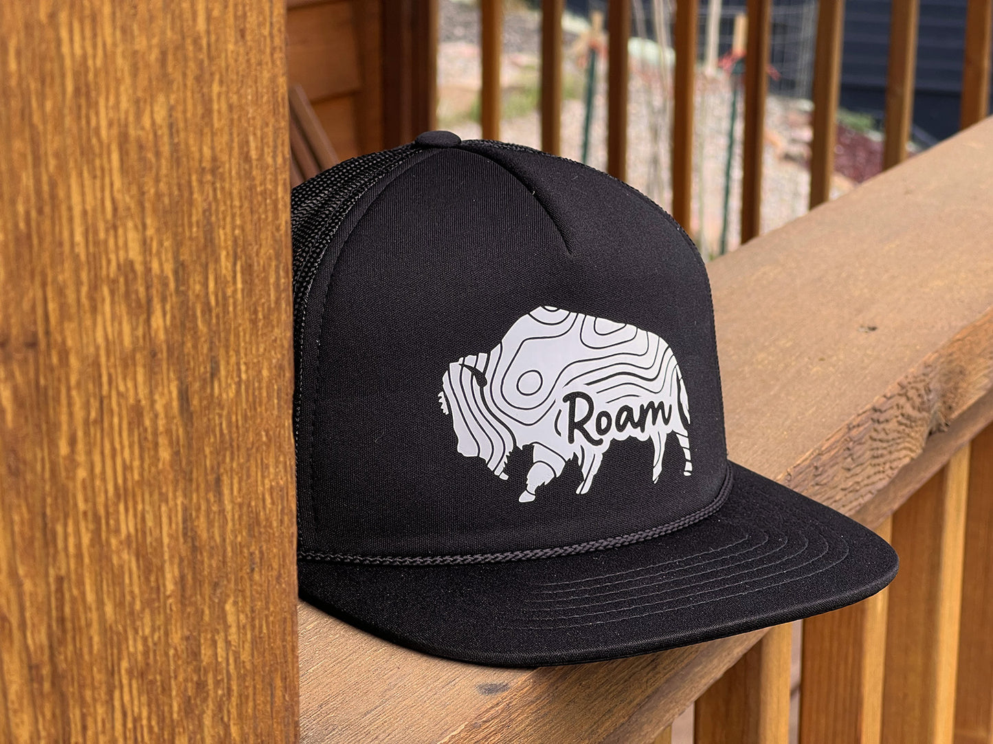 Roam foam trucker cap black bison topographic map