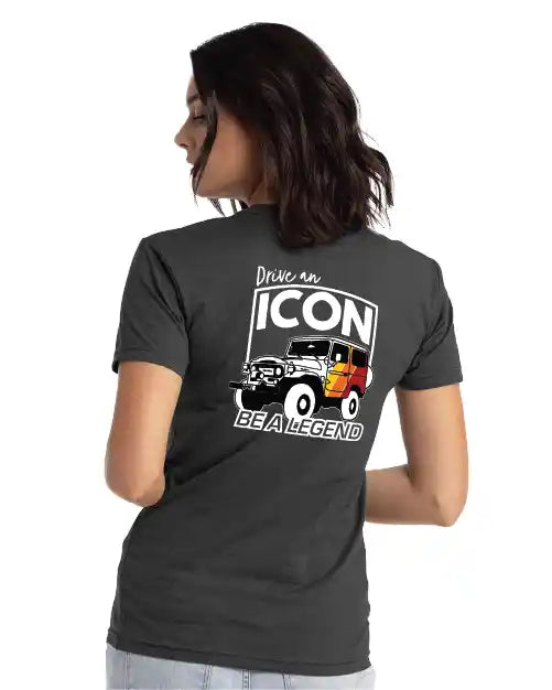 woman wearing icon land cruiser tee shirt with fj40 Toyota legacy colors