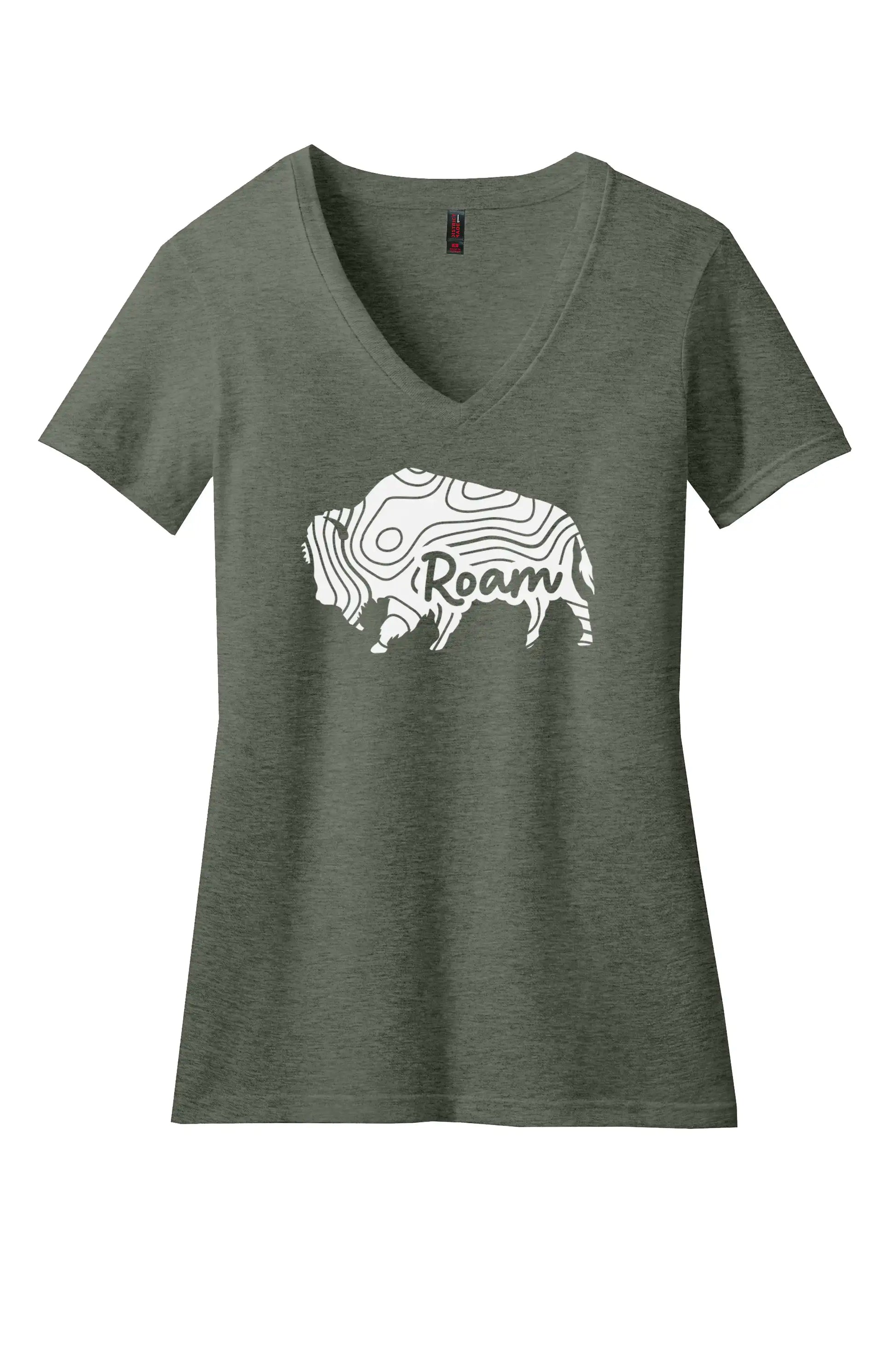 Bison Buffalo Topographic Womens Premium V-Neck Tee Heathered Olive Color For Adventure